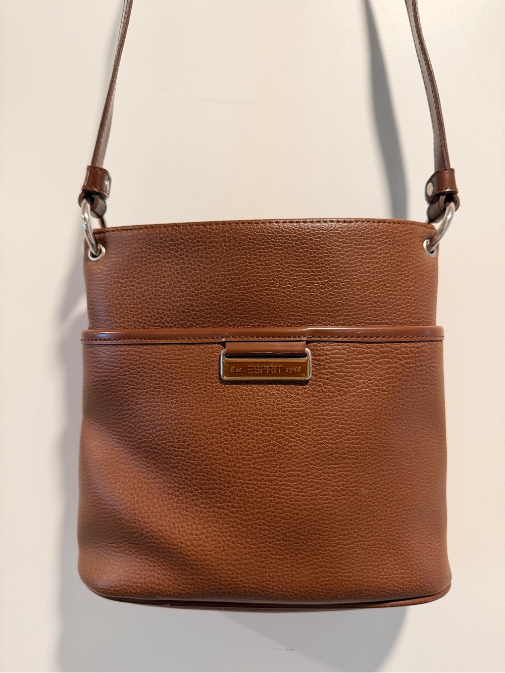 Vintage 90s Esprit Cognac Pebbled Faux Leather Bucket Bag Crossbody Est 1968